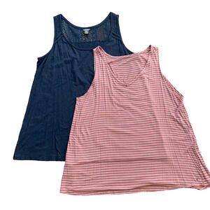 Eddie Bauer Tank Tops, Lot of 2 - Navy with Lace Trim, Salmon Stripe-Women's 2XL